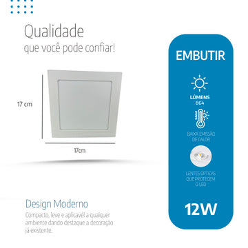Painel Led 17x17 12W Embutir quadrado Luminária